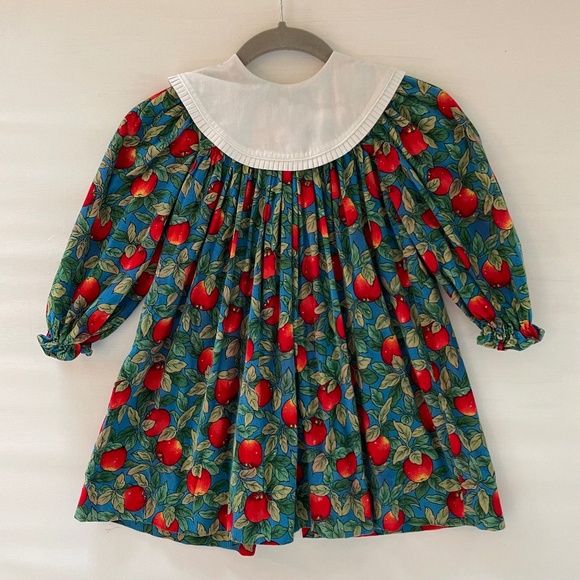 Vintage Other - Vintage Corduroy Dress Apples Long Puff Sleeve Peter Pan Collar size 4 Holiday